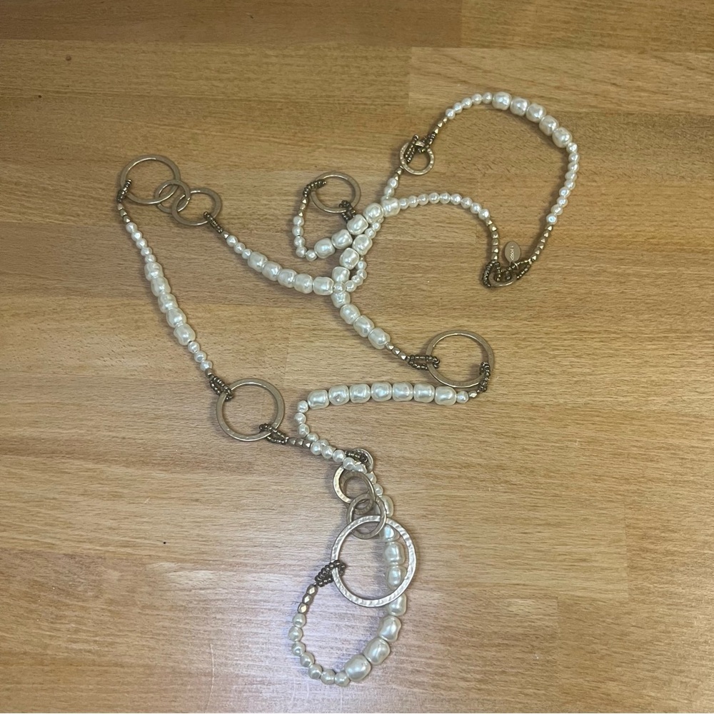 Chicos irregulars faux pearl gold tone circle hoops long lanyards wrap necklace - Picture 4 of 5